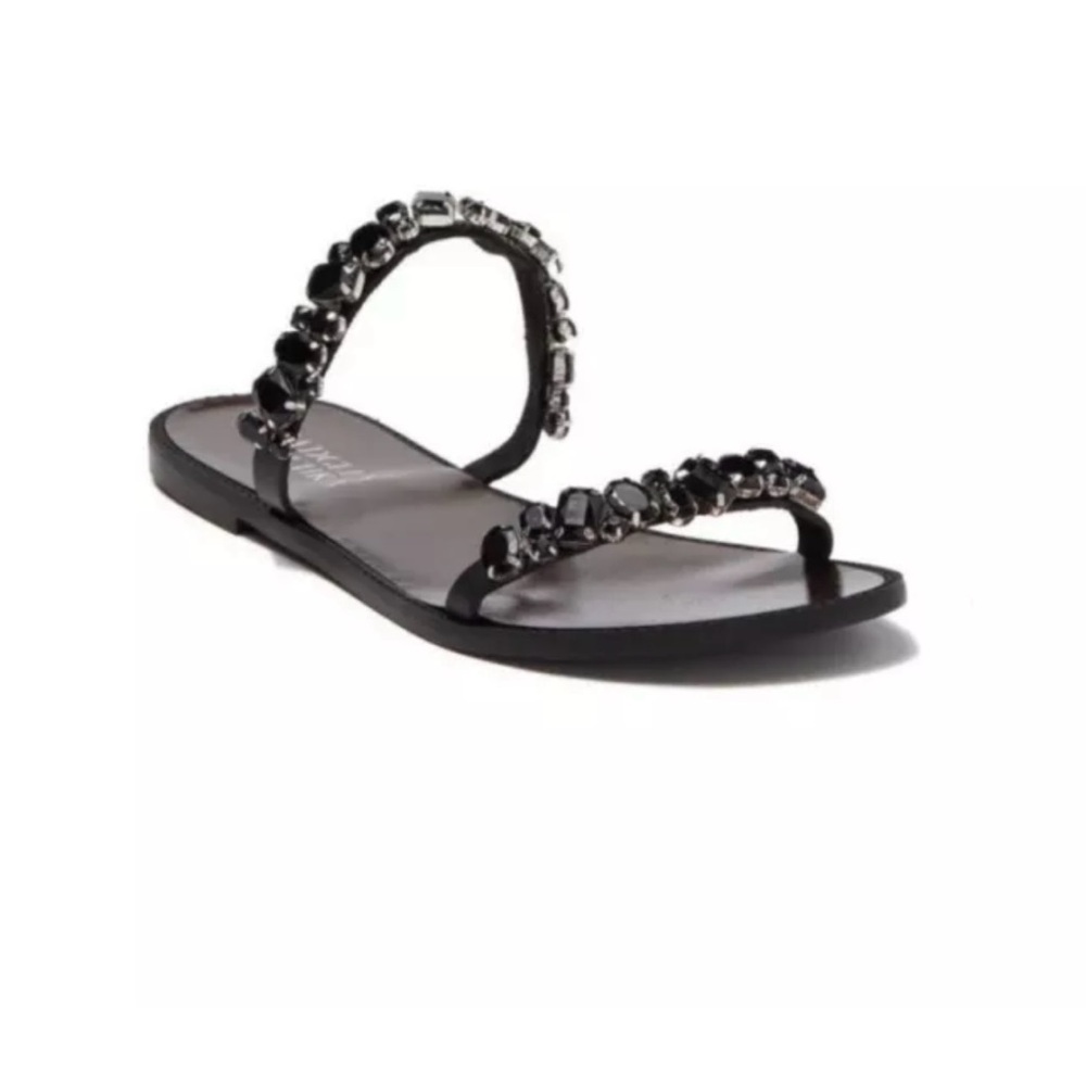 NWOT BADGLEY MISCHKA Loveday Black Leather 💎Crystal 💎 Slide Sandals SZ 9.5